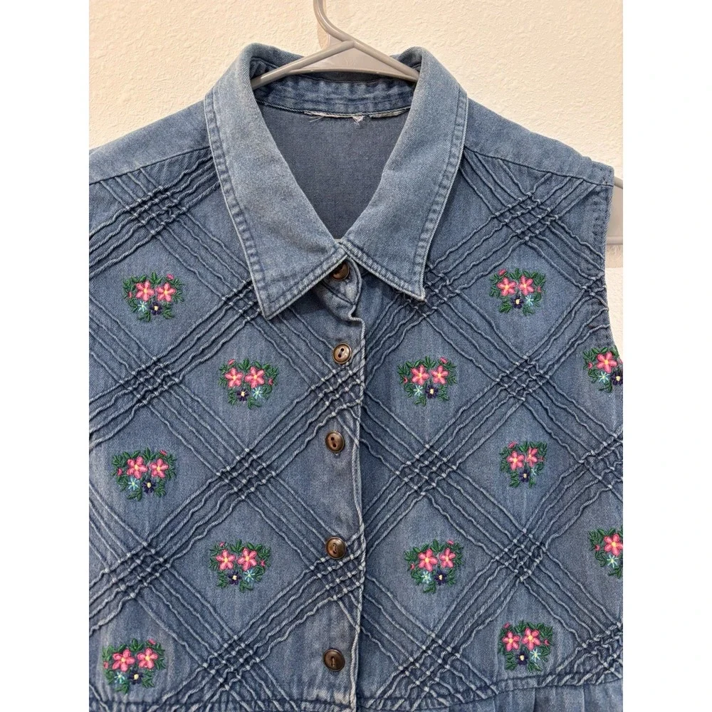 Vtg 90s Cottagecore Denim Maxi Dress Floral Embroidered Smocked Coquette L - Picture 5 of 13